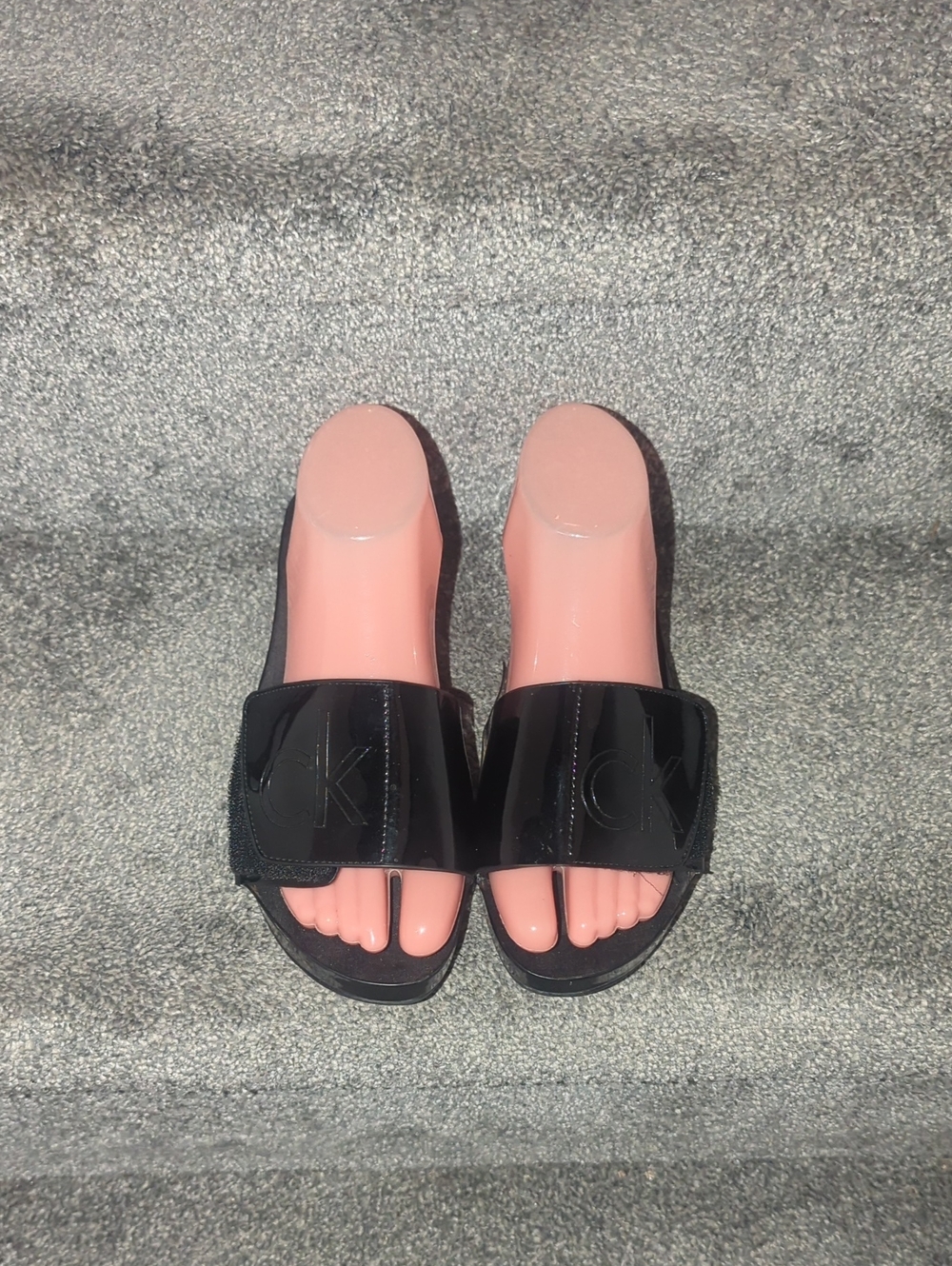 Calvin Klein Black Patent Slide Sandals with Logo Strap